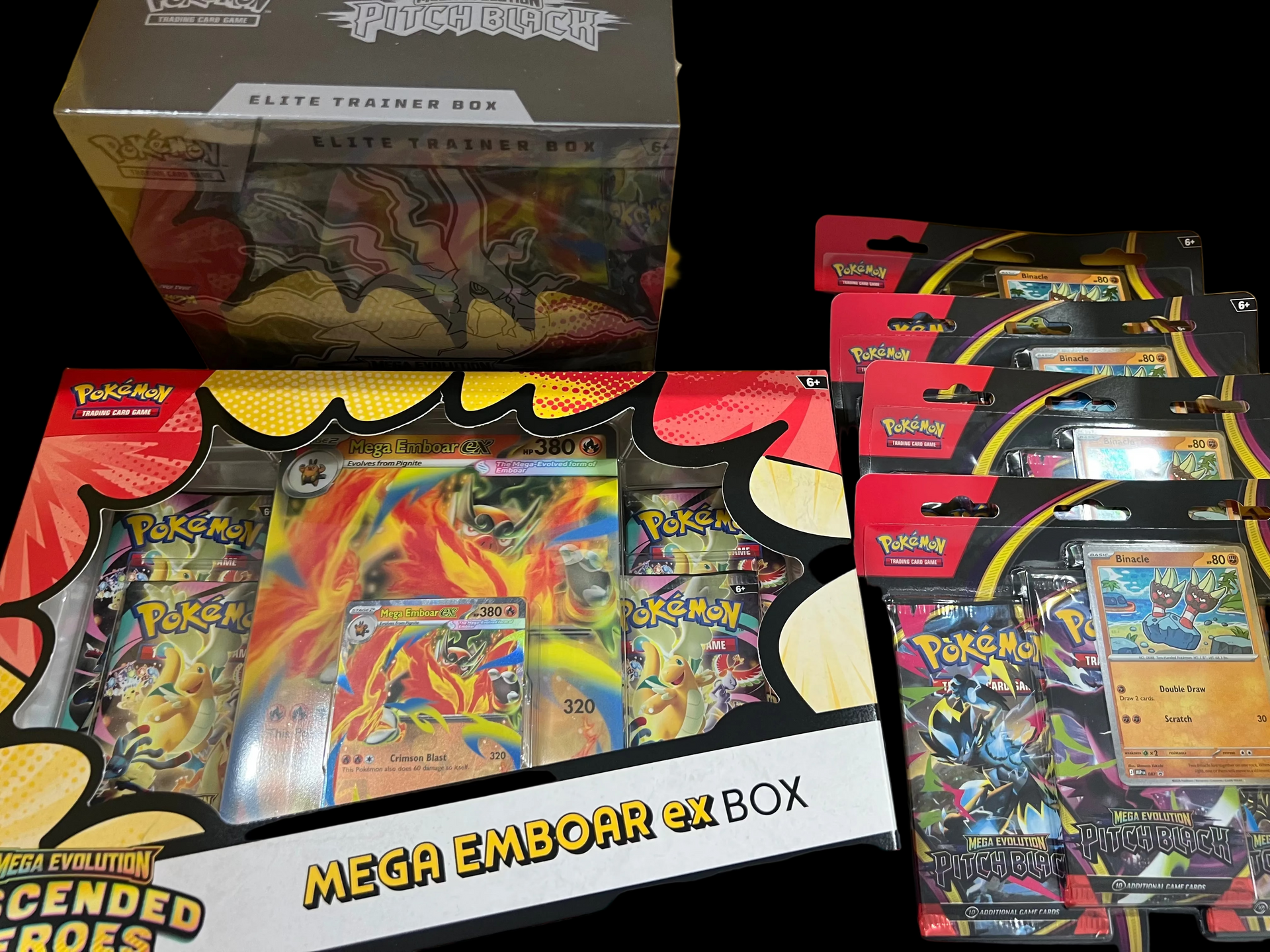 Combo Deals: Ascended Heroes Mega Emboar ex, Pitch Black ETB, 4 x 3 pack blisters (PBL)
